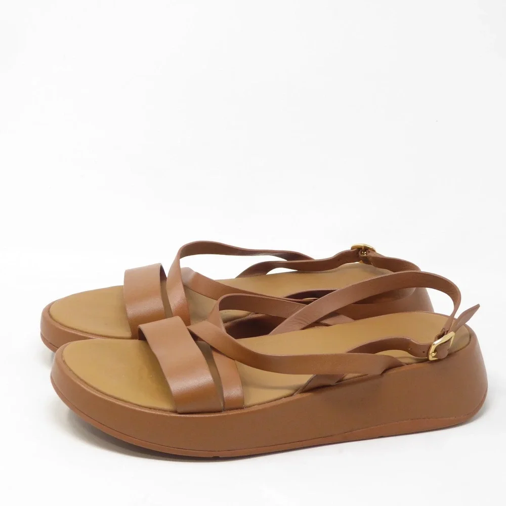 FitFlop Womens F-Mode Flatform Leather Strappy Back-Strap Sandals Brown US 8